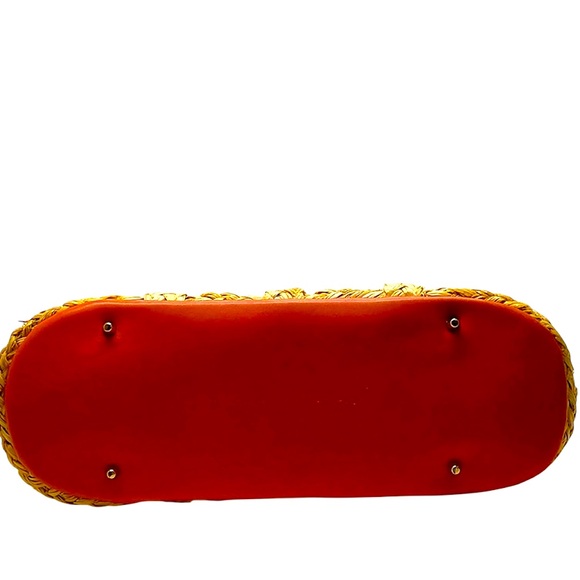 ANYA HINDMARCH Raffia Woven Coral Orange Leather Trim Bag Bow Basket Tote Auth - Picture 5 of 10